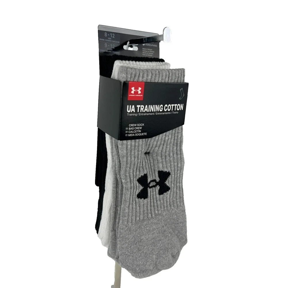 Under Armour Men’s Training Cotton Socks 3 Pairs Crew Gray White Black Large NEW